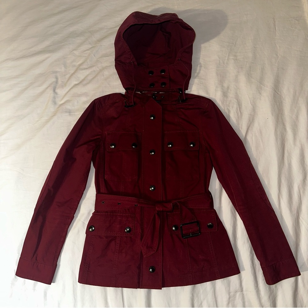 ♥️ Burberry Brit Military Hooded Utility Jacket Raincoat Maroon Burgundy